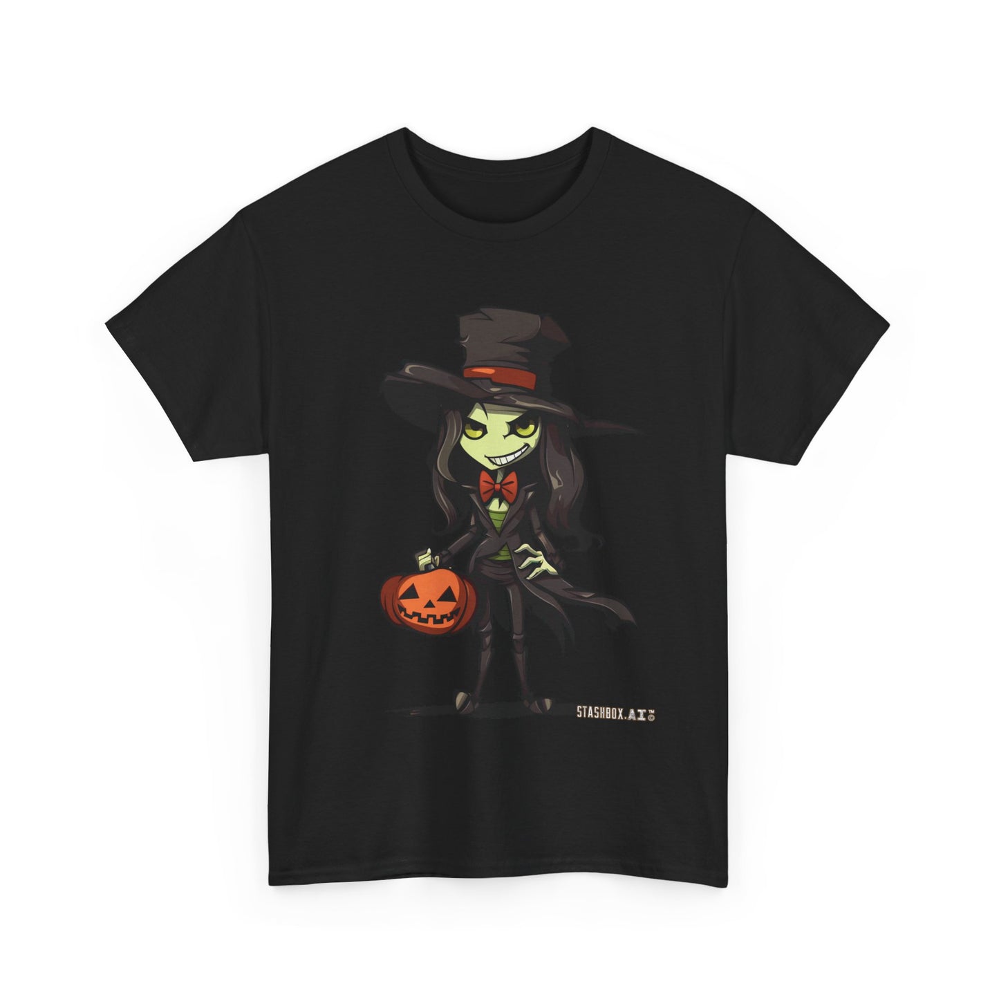 Cute Scary Trick-or-Treating Halloween Girl - Unisex Black Heavy Cotton Tee - Halloween Design #001