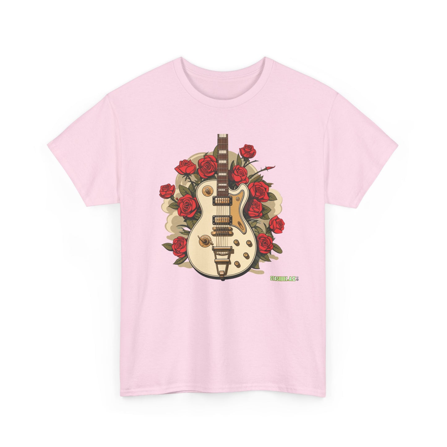 Unisex Heavy Cotton Tshirt Stylish Roses and Guitar 003