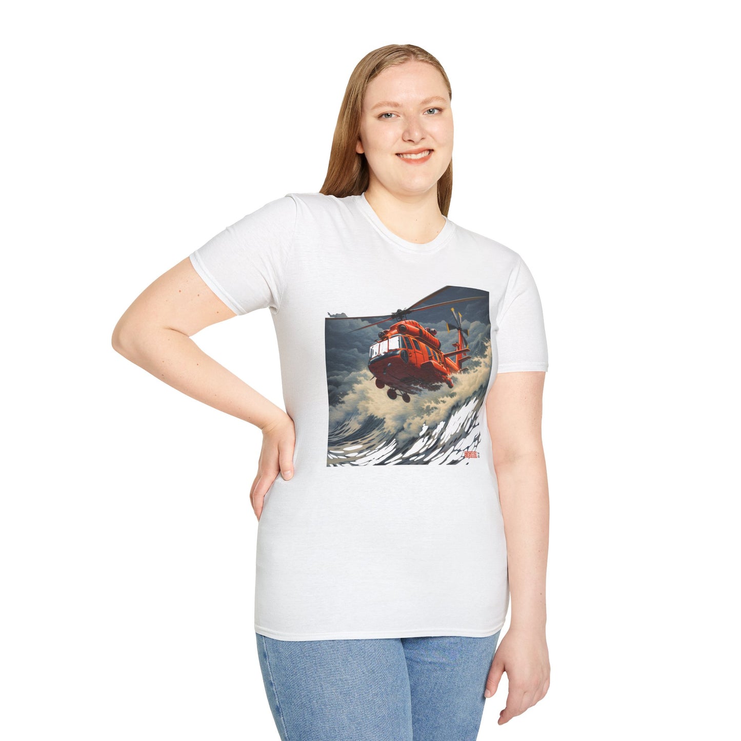 Unisex Softstyle T-Shirt Helicopter Surfing Huge Ocean Waves 55