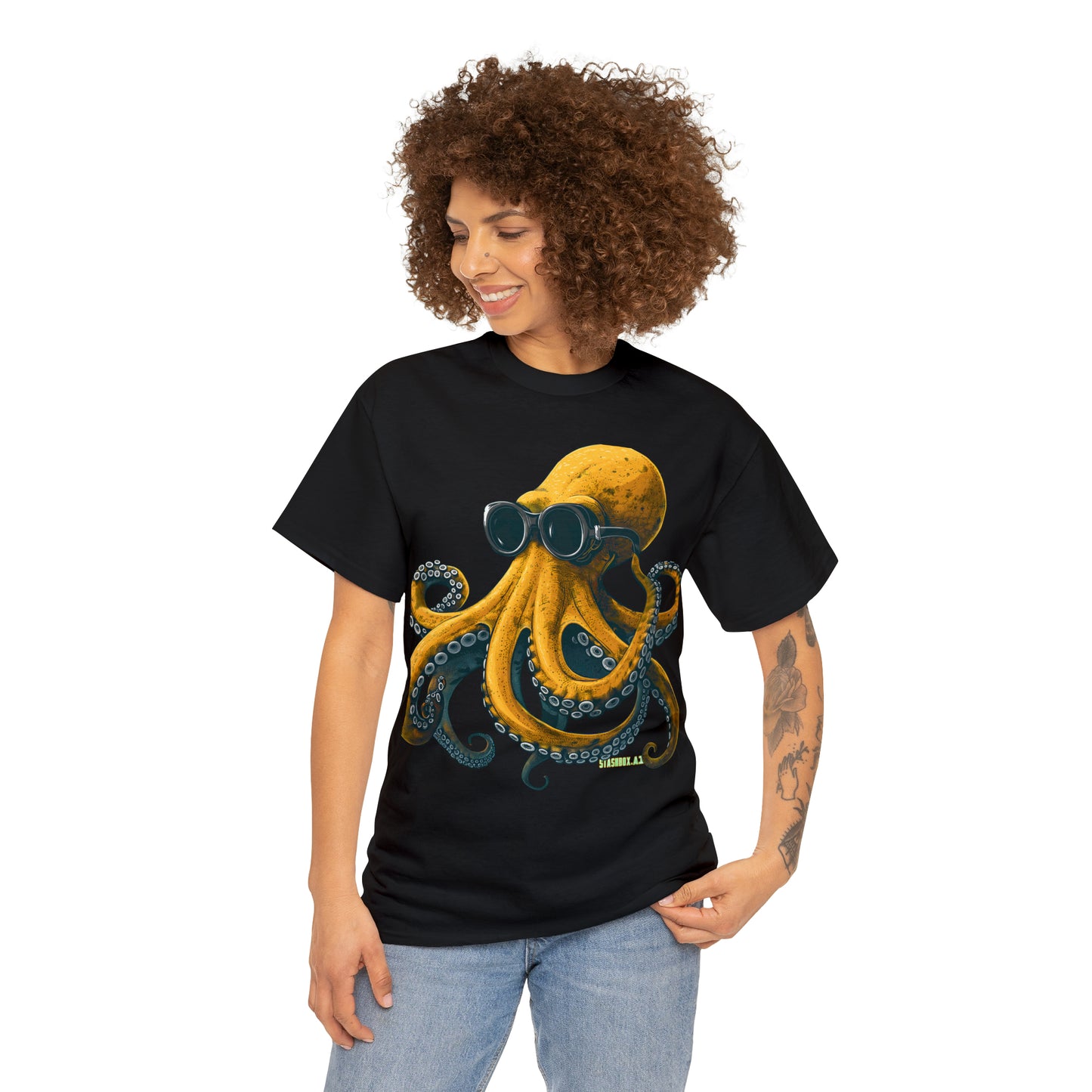 Unisex Adult Size Heavy Cotton Tshirt Drawn Yellow Octopus 001
