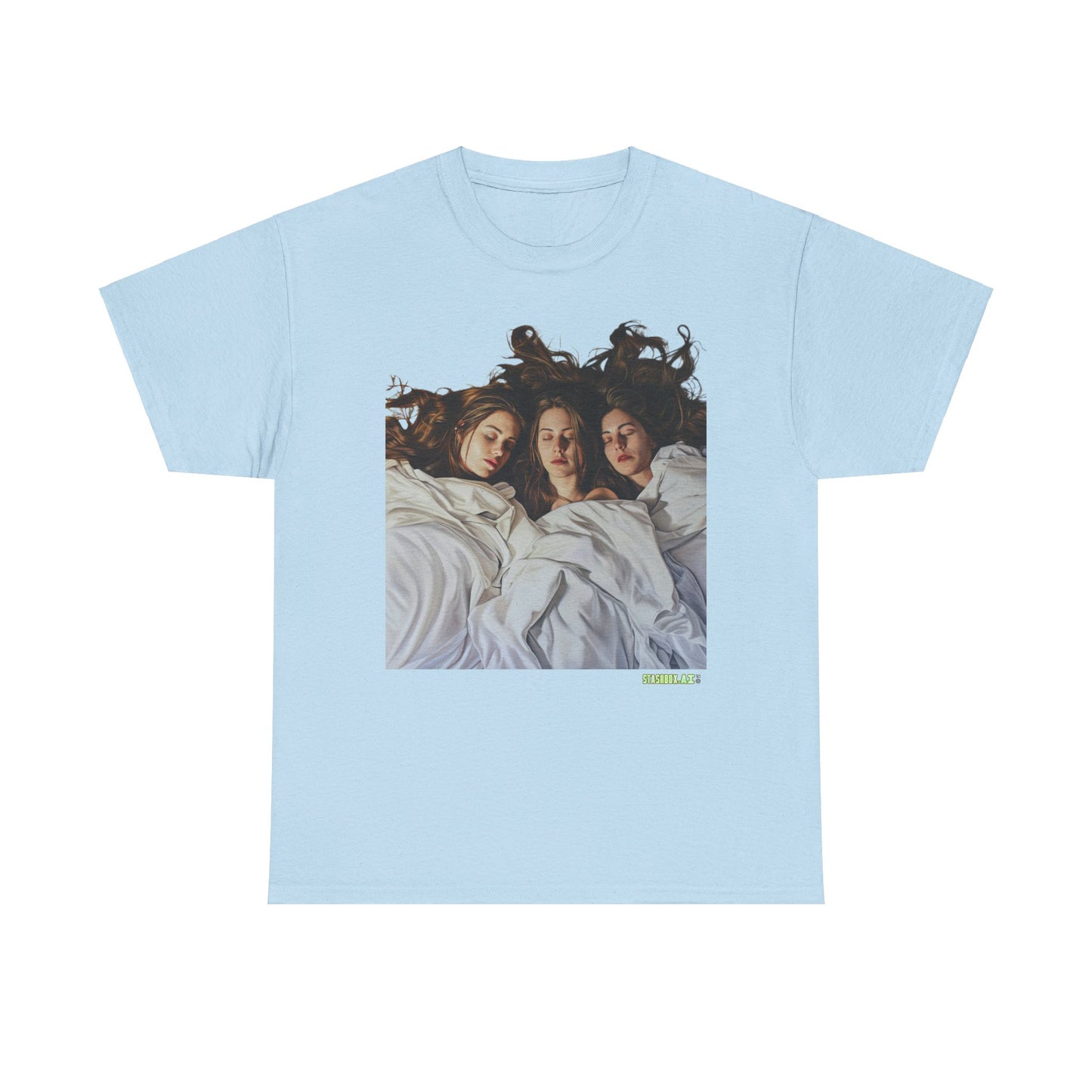 Unisex Heavy Cotton T-Shirt Three Beautiful Woman Sleeping in Bed 0017