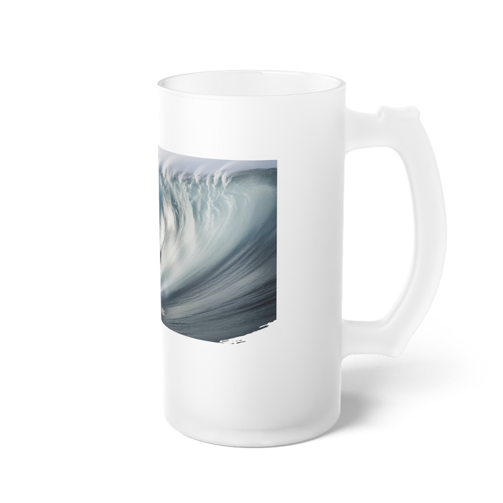 Embrace the Power: Surfer Charging a 61-Foot Giant Wave Frosted Beer Mug - Waves Design #061. Feel the thrill as you sip your favorite brew, celebrating the surfer's bravery in the face of nature's might. 🏄‍♂️🍺 #SurferCourage #GiantWaveMug #StashboxGlassware