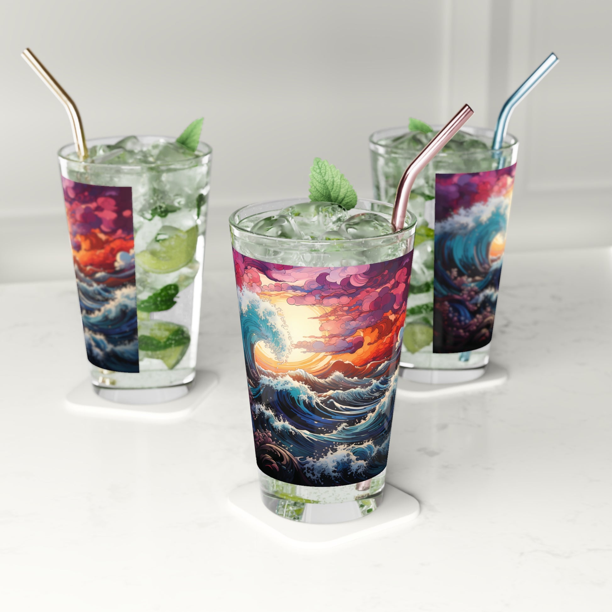 Cheers to Nature's Splendor: Stunning Ocean Wave - Colorful - Pint Glass, 16oz. Dive into the depths of creativity with this pint glass featuring a stunning and colorful ocean wave design. Ideal for beach parties, coastal homes, and anyone who adores the sea. #BeachVibes #WaveEnthusiast #StashboxMagic