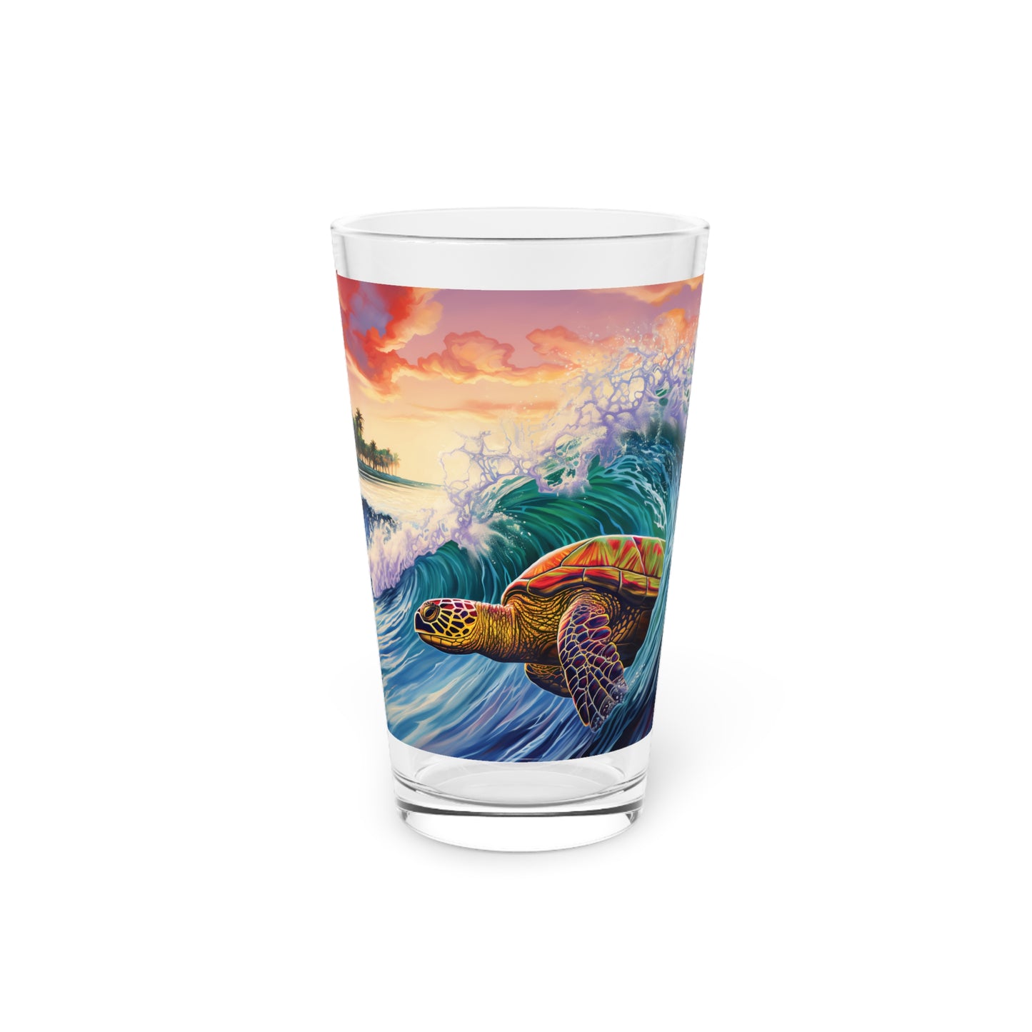 Dive into the spirit of Hawaii with our Turtle Surfing Waves Pint Glass, featuring Waves Design #009. This 16oz masterpiece by Stashbox captures the essence of tropical seas and the elegance of surfing turtles.
