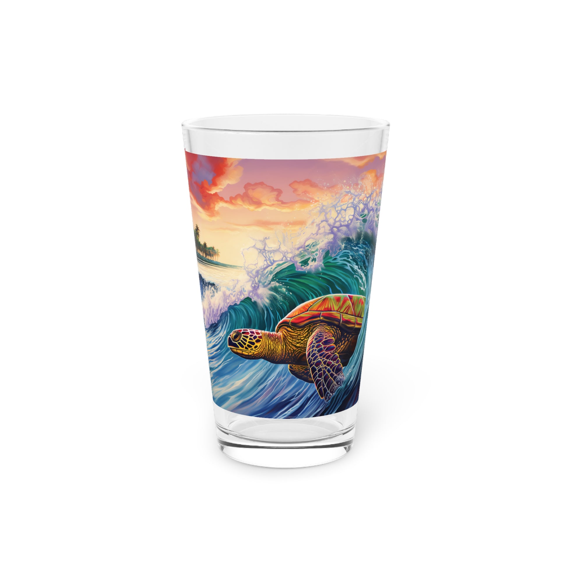 Dive into the spirit of Hawaii with our Turtle Surfing Waves Pint Glass, featuring Waves Design #009. This 16oz masterpiece by Stashbox captures the essence of tropical seas and the elegance of surfing turtles.