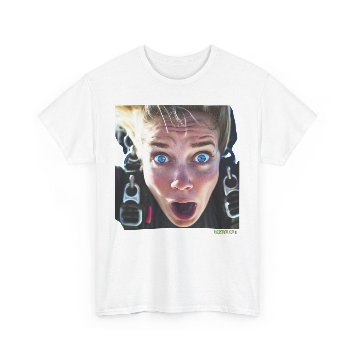 Unisex Adult Size Heavy Cotton Tshirt Beautiful Girl Mid-Skydiving terrified face - 023