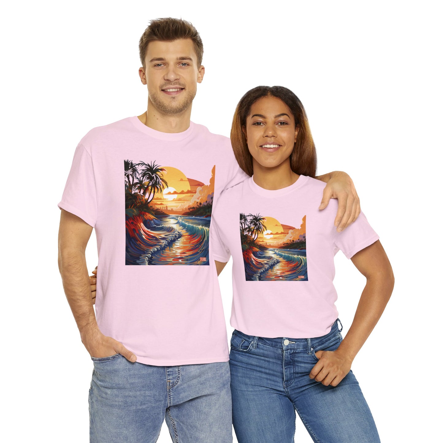 Stunning Sunset Beach Waves Art - Unisex Heavy Cotton Tee - Waves Design #057