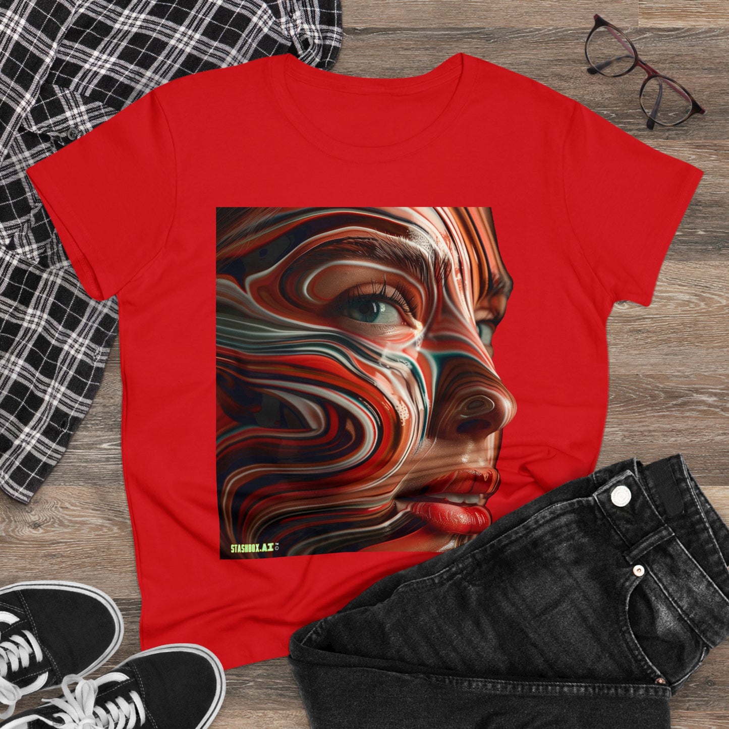 Women's Midweight Cotton Tee Pretty Model Red Swirl Face Paint 025