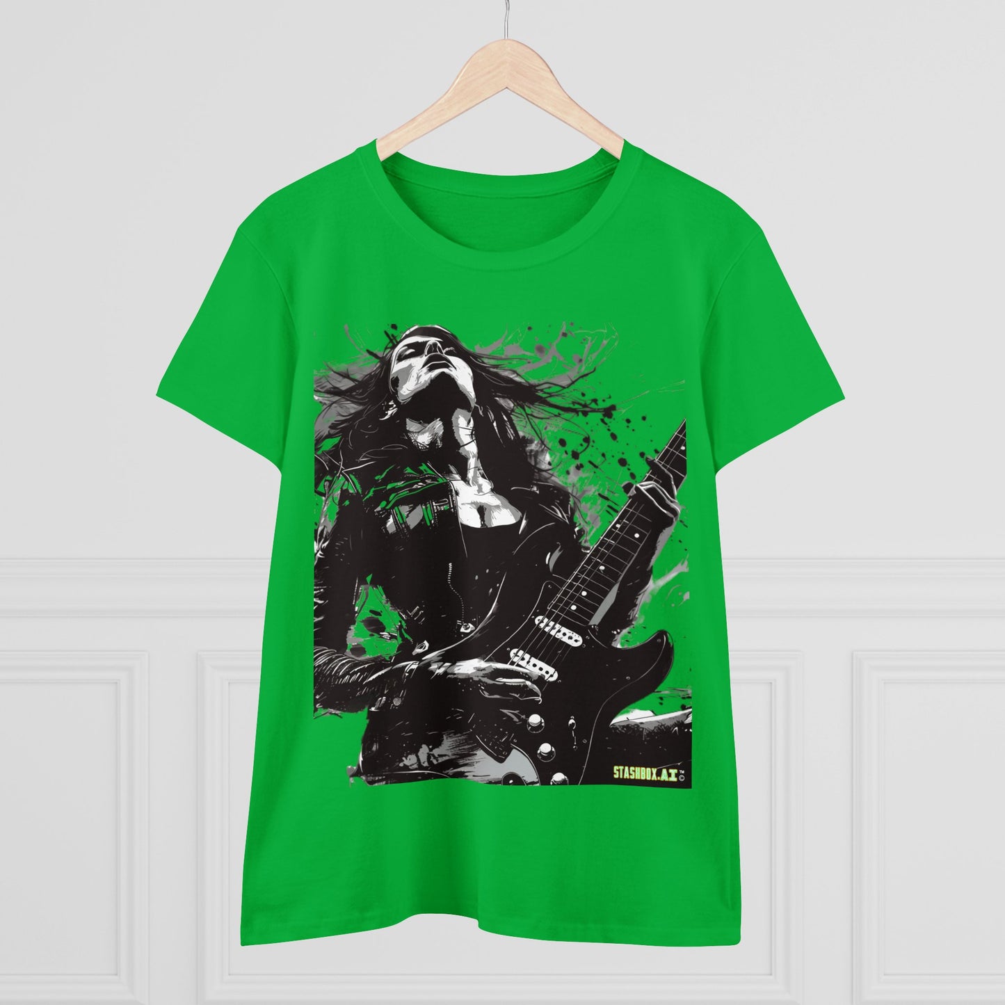 Women's Midweight Cotton Tshirt Girl Guitarist Rocking 001