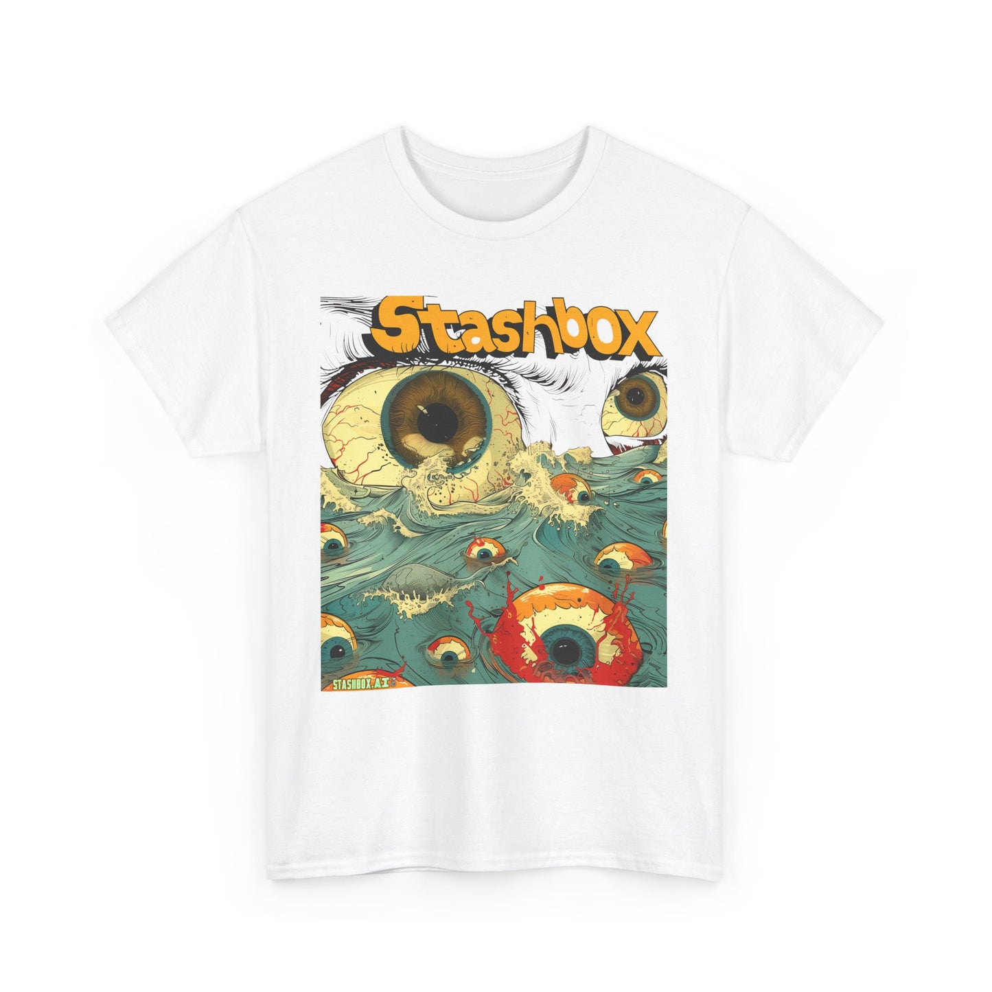 Unisex Heavy Cotton Tee Stashbox Eyeballs in Ocean Waves Design 002