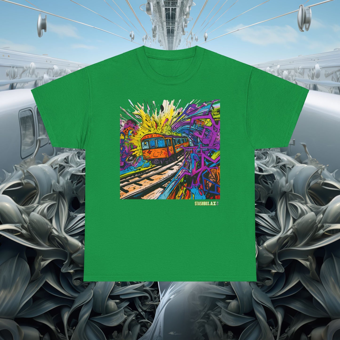 Insane Vibrant Color Train Roaring Down Track -  Unisex Heavy Cotton Tee - Stashbox Train Design 018