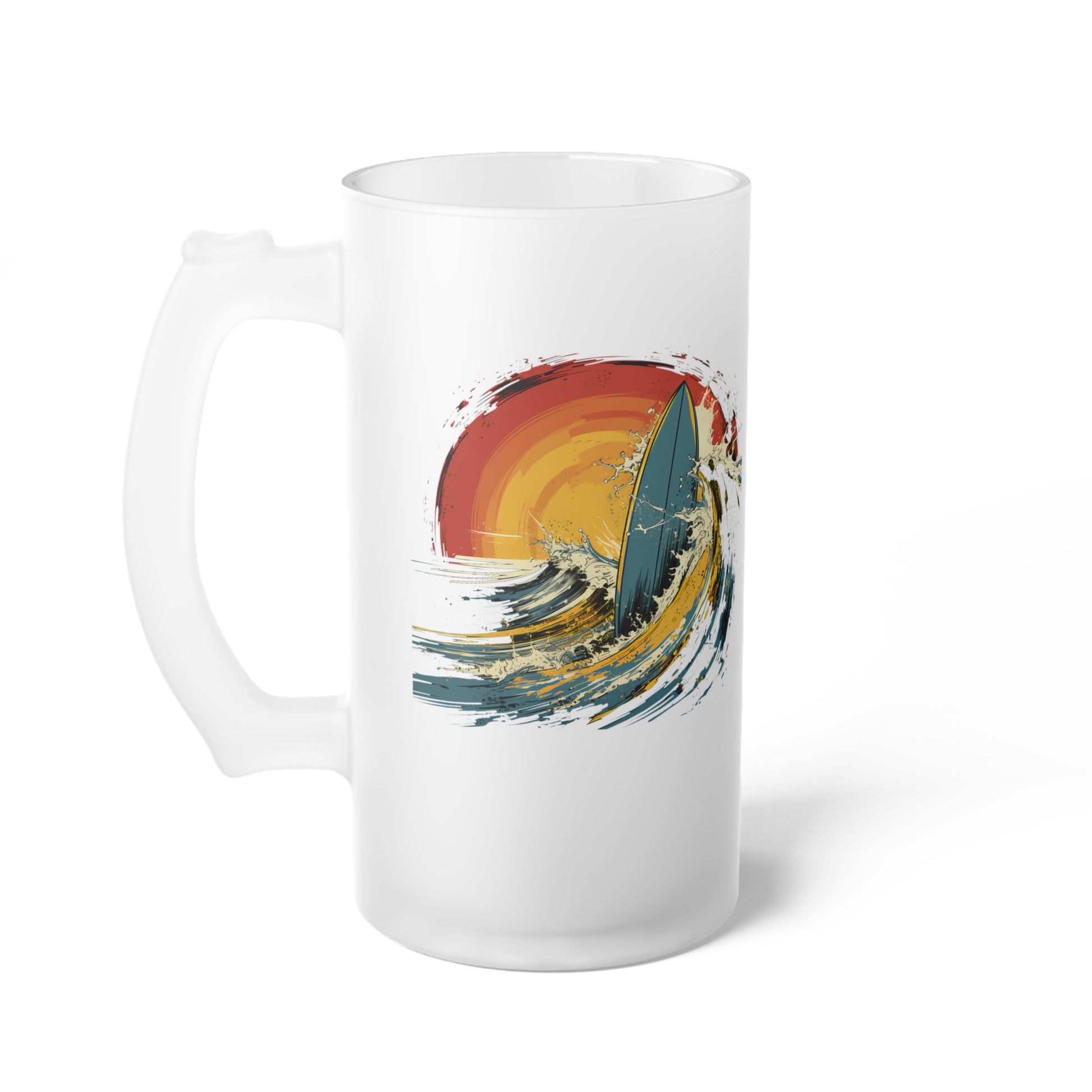 Dive into the surf spirit with our Colorful Surfboard & Wave Frosted Glass Beer Mug. Waves Design #036. Sip into surf vibes, curated by Stashbox.ai.