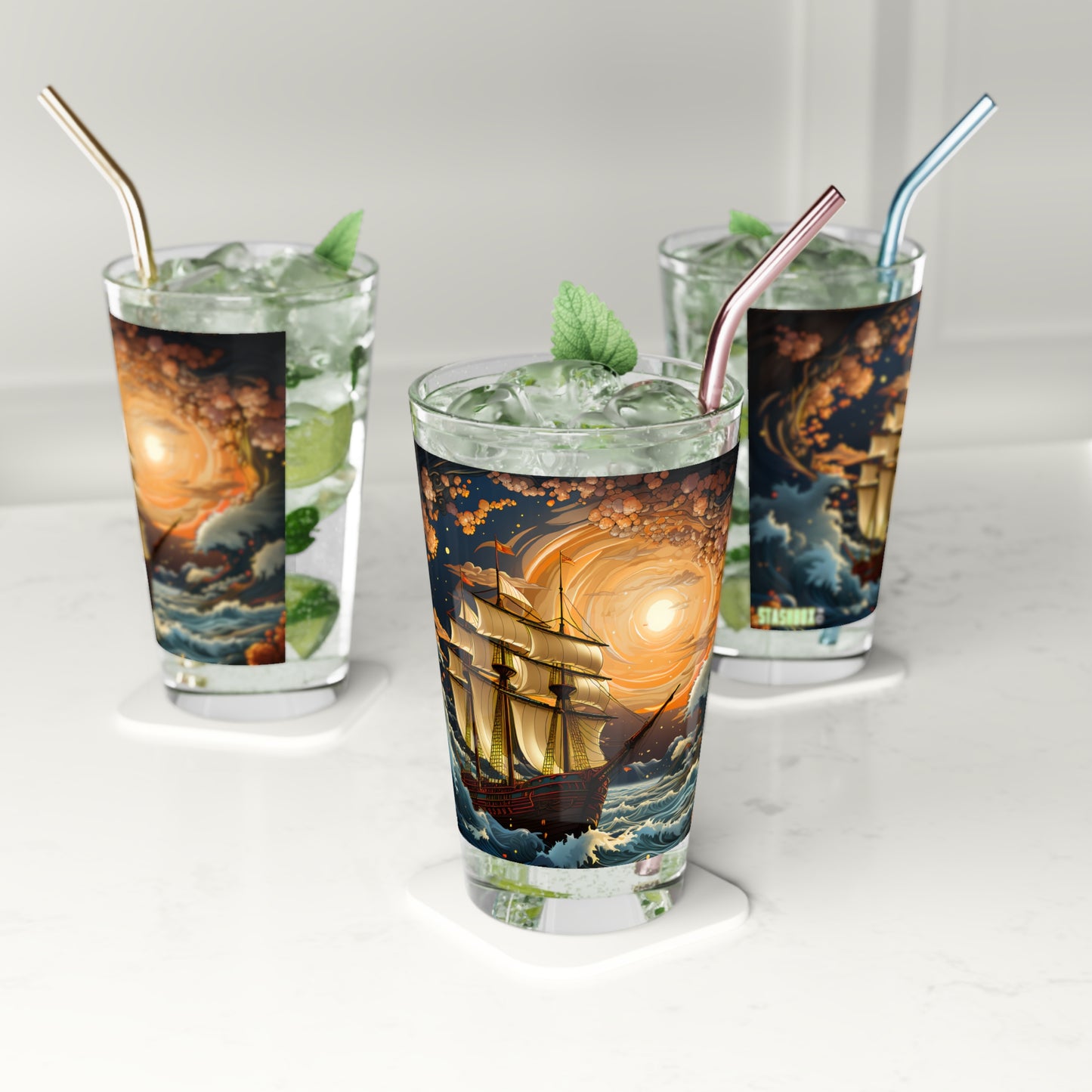 Pint Glass, 16oz Tarot Card Style Waves 033