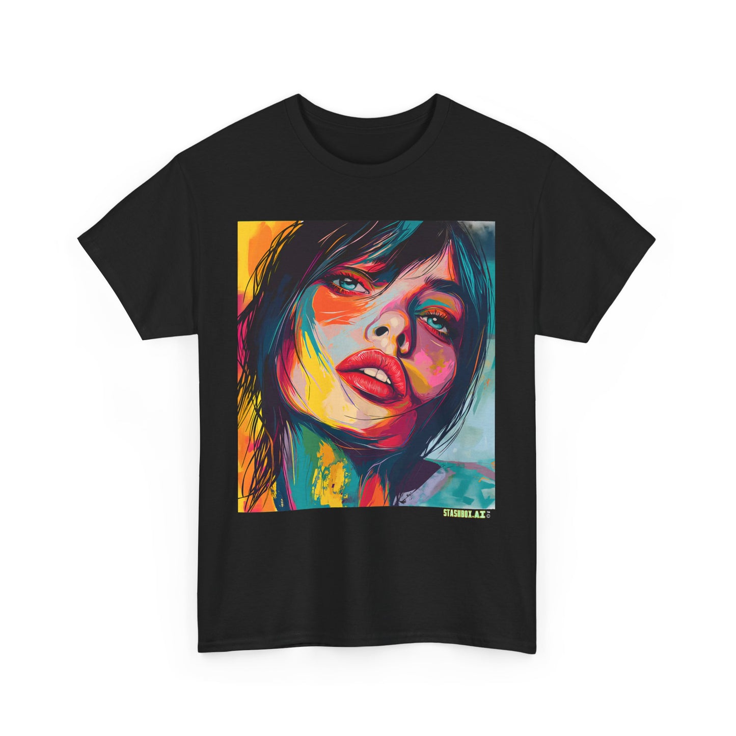 Unisex Heavy Cotton T-Shirt Beautiful Woman Drawn in Rainbow Ink 018