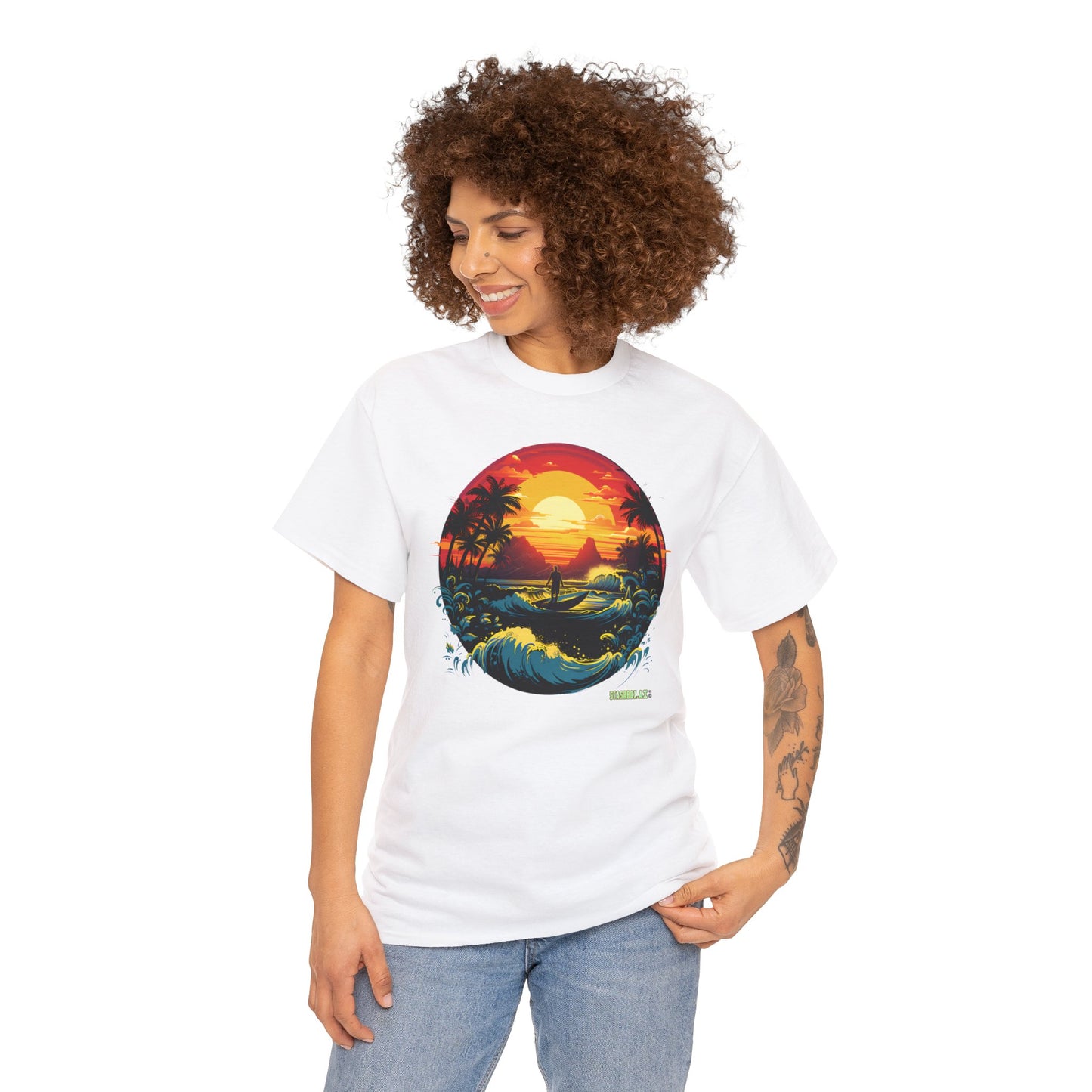 Unisex Heavy Cotton Tshirt Perfect Beach Sunset w/ Waves 036