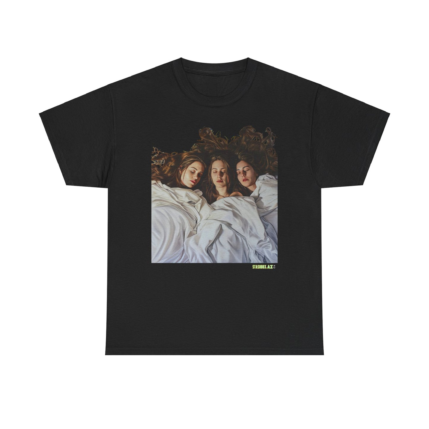 Unisex Heavy Cotton T-Shirt Three Beautiful Woman Sleeping in Bed 0017