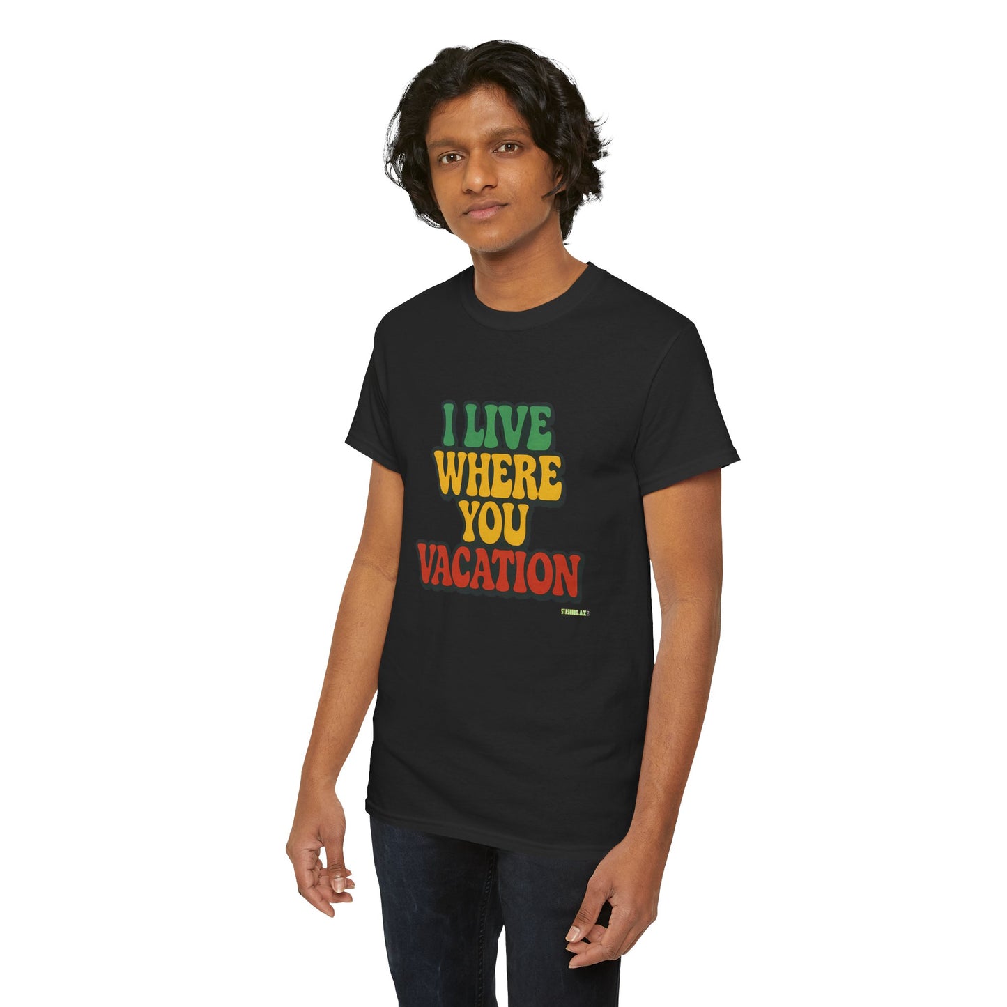 Vacation Vibes Unisex Heavy Cotton Tee - "I Live Where You Vacation"