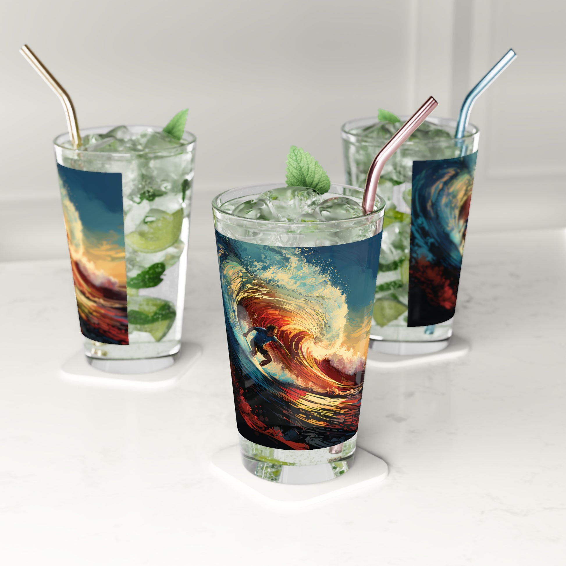 Dive into the mesmerizing world of Surfing Color Waves with our 16oz Pint Glass. Waves Design #019 brings the dynamic hues of the ocean right to your fingertips, a true masterpiece.