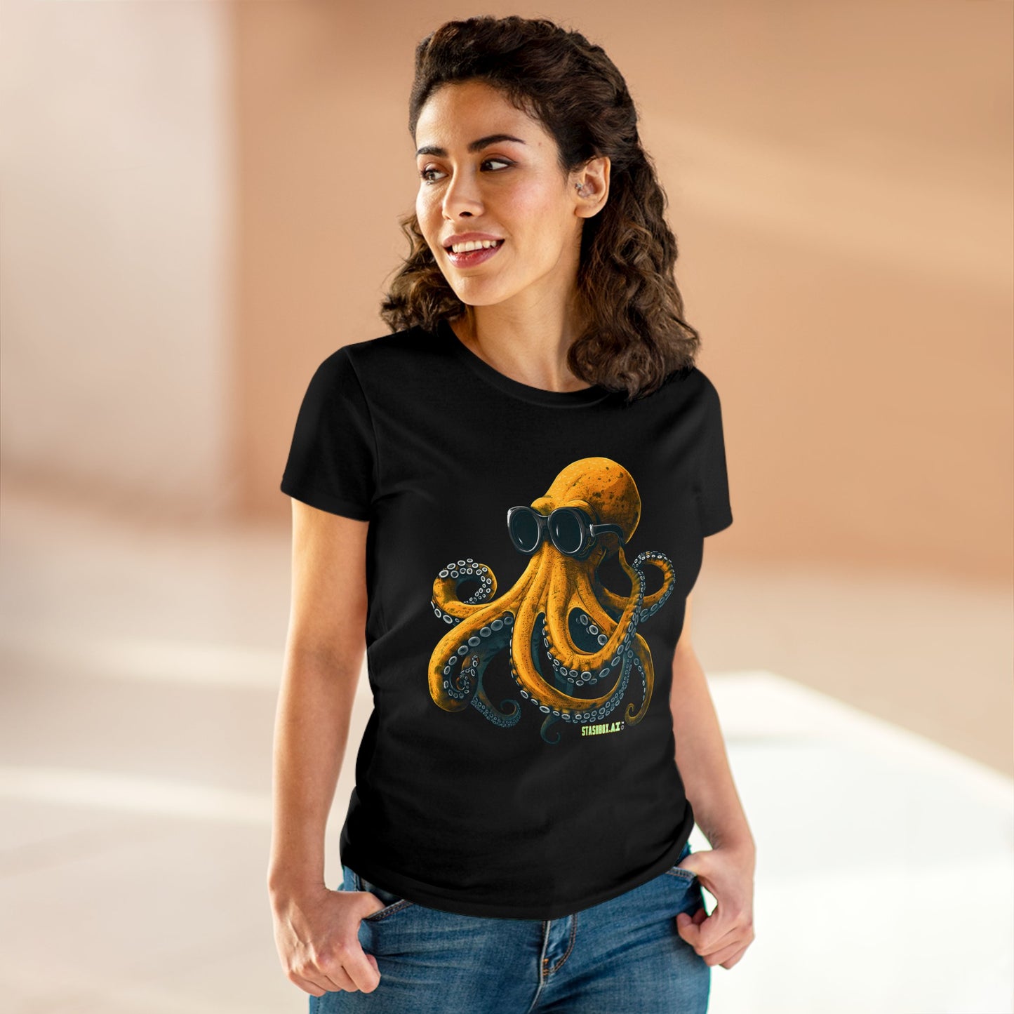 Women's Midweight Cotton Tshirt Yellow Octopus wearing goggles 001