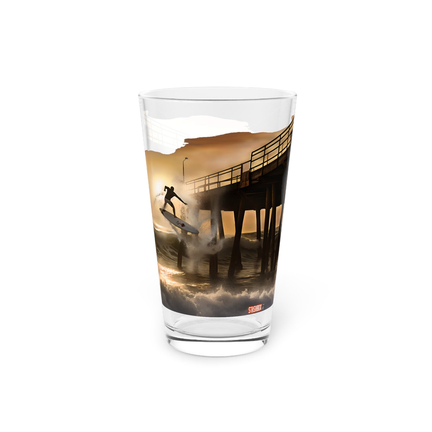 Pint Glass 16oz Huntington Beach Surfer Charging The Pier Waves 062