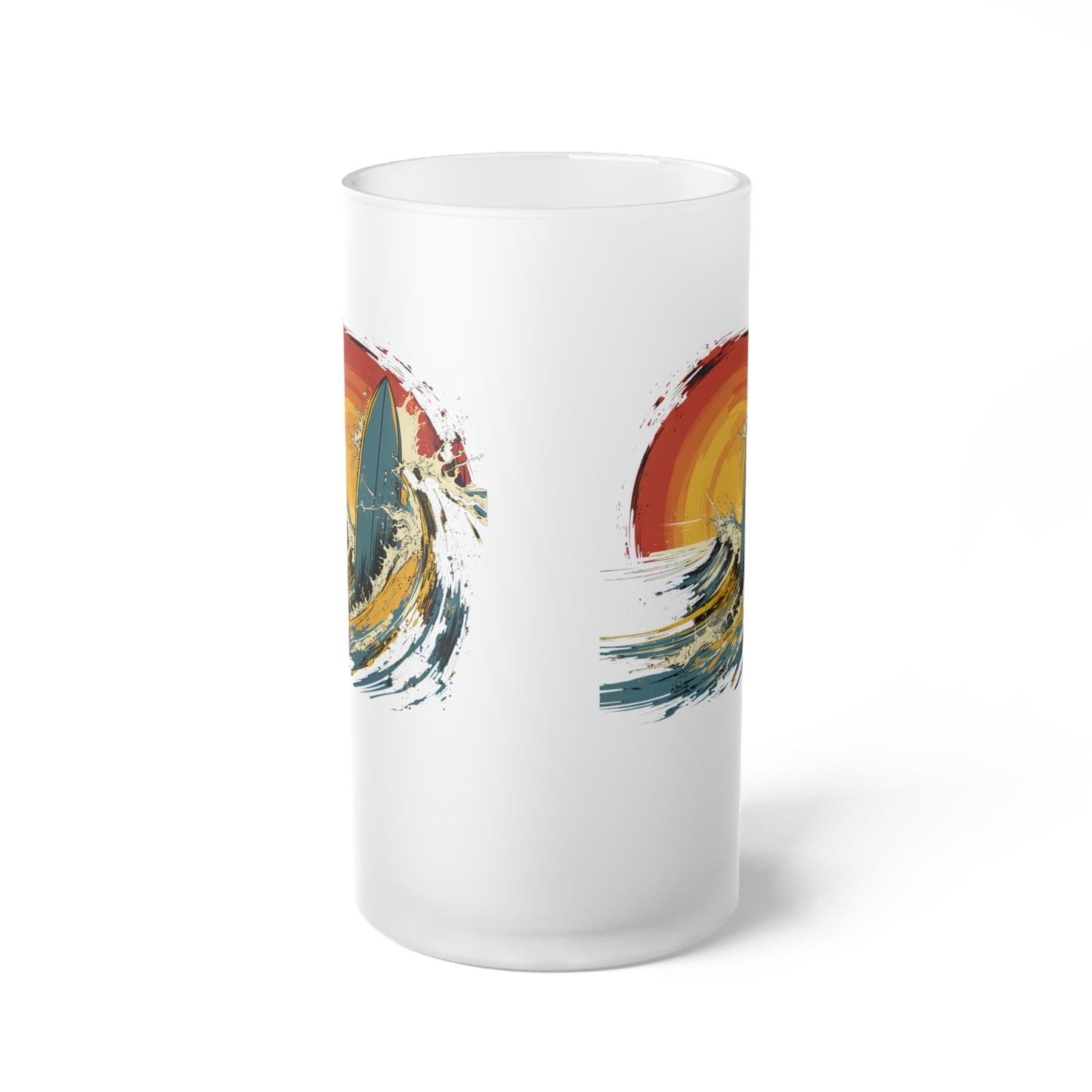 Frosted Glass Beer Mug Colorful Surfboard & Waves Design 036