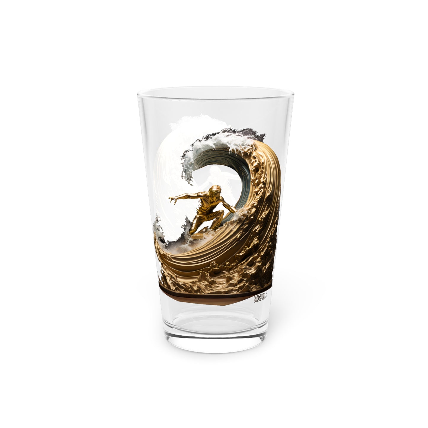 Pint Glass, 16oz Golden Wave Statue 064