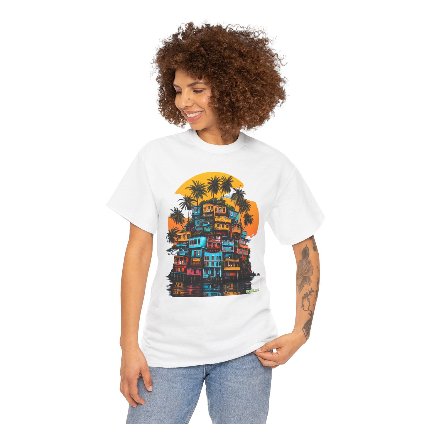 Favella Art Heavy Cotton Tshirt Stacked Buildings Palm Trees Giant Sun 001