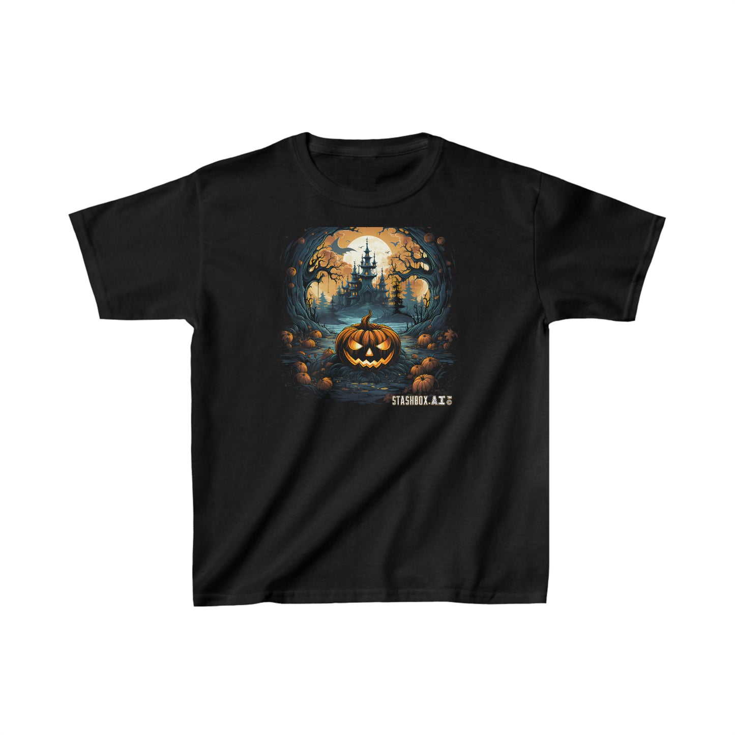 Toddler Kids Heavy Cotton™  TShirt Halloween Haunted House & Pumpkin 006