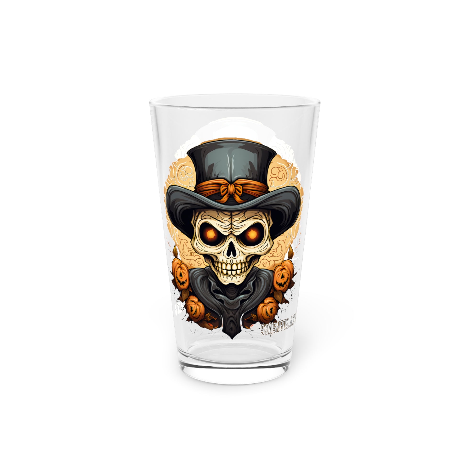 Unveil the spirit of Halloween with our Pint Glass adorned with a Skeleton Head in a top hat. Stashbox Halloween Design #002 brings you detailed character illustrations in the style of clowncore and chicano art fusion. Enjoy the vibrant hues of dark orange and beige, capturing the essence of Halloween monsters. This 16oz glass combines natural and man-made elements, creating an eerie yet captivating ambiance.