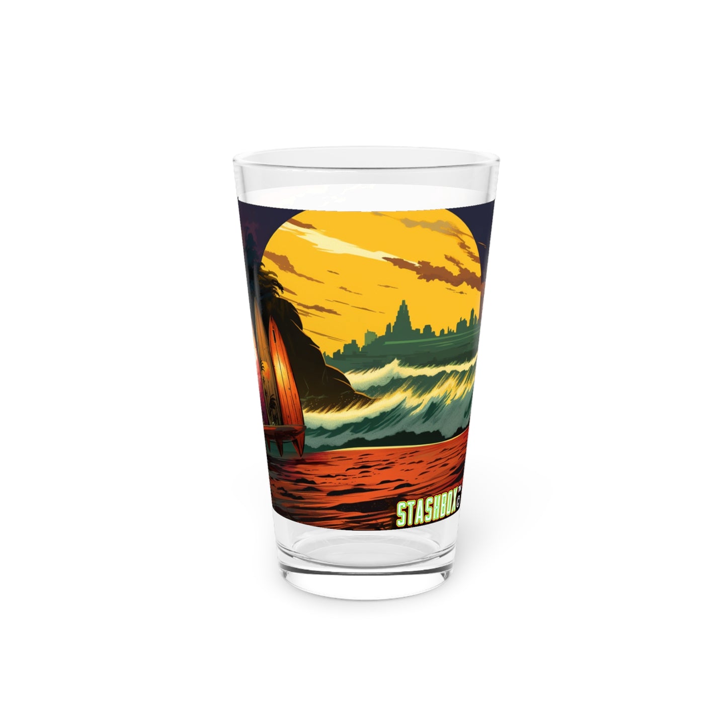 Surfboards & Waves on Tropical Beach Art Pint Glass, 16oz - Surfboards Design #007