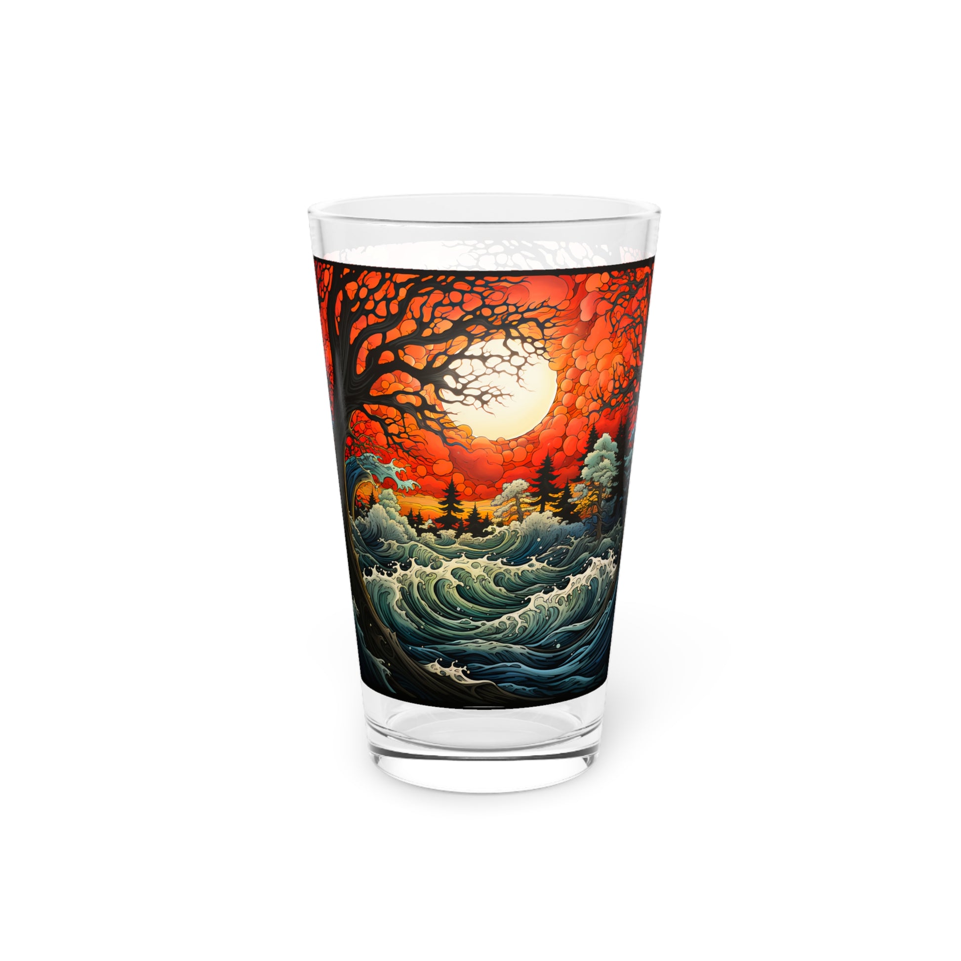 Chase Shadows with Every Sip: Scary Sunset Night Beach 16oz Pint Glass - Waves Design #058. Hauntingly beautiful, exclusively at Stashbox.ai.
