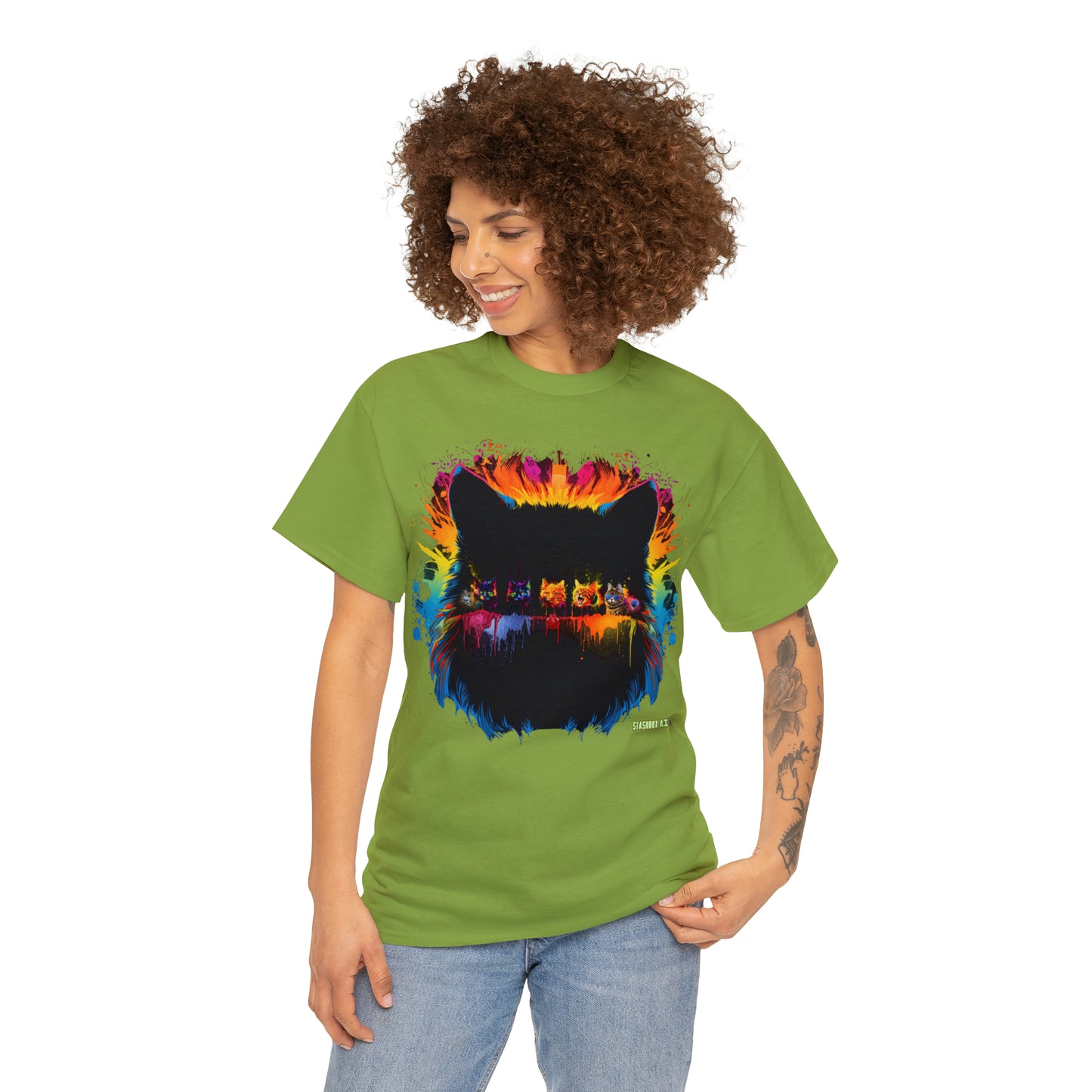 Unisex Adult Size Heavy Cotton Tshirt Colorful Cats 004