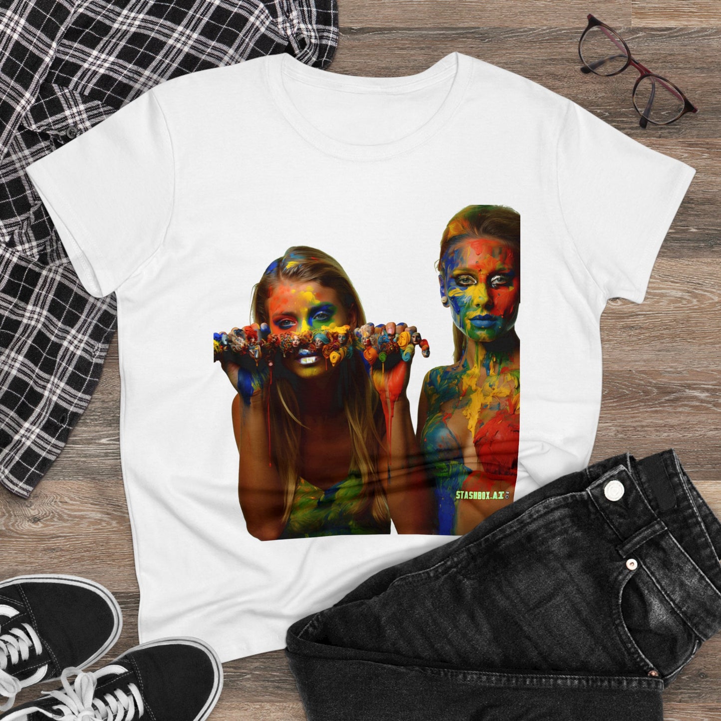 Women's Midweight Cotton Tshirt Two Beautiful Models Covered in Rainbow Paint 023