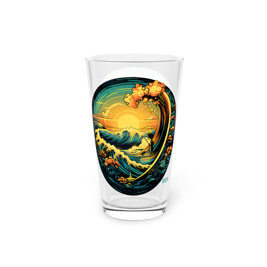 Pint Glass 16oz Colorful Sunset Wave Design 041