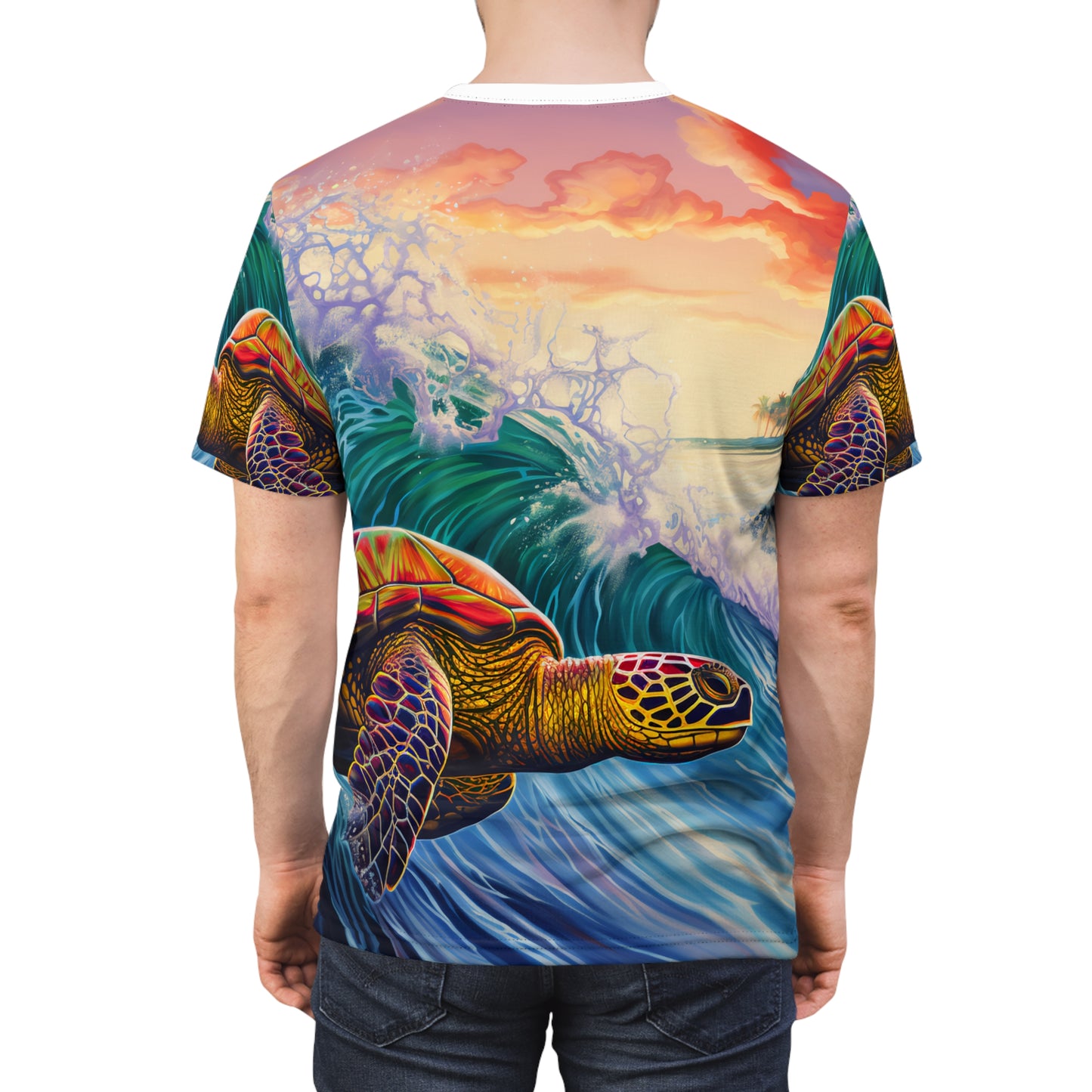 Unisex Cut & Sew Tee (AOP) Surfing Giant Turtle Waves 009