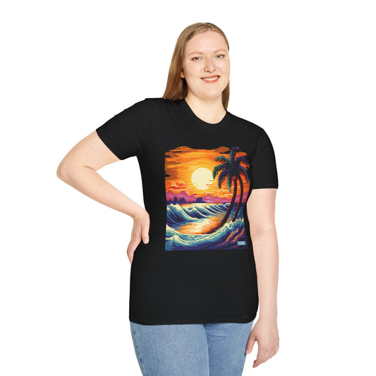 Tshirt Unisex Softstyle Psychedelic Sunset Colors, Cross Stitch Style Tropical Waves 50