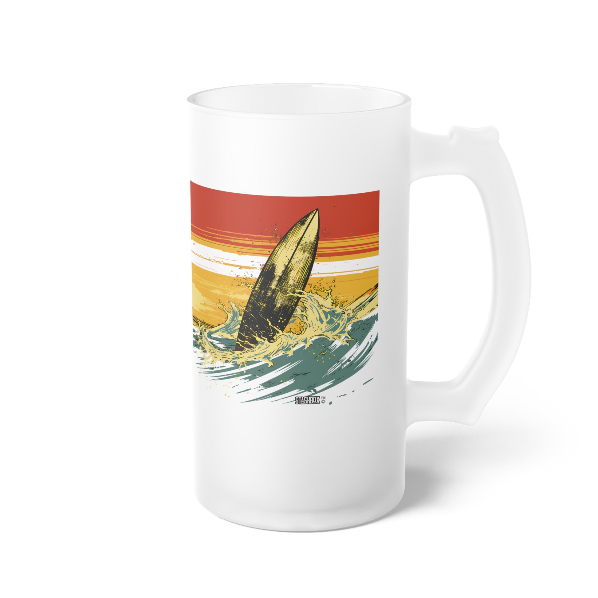 Raise a glass to the waves with our Classic Surfing Design Beer Mug, 16oz. 2 Designs in 1 - Waves Design #66. Discover the art of surfing, uniquely crafted by Stashbox.ai.