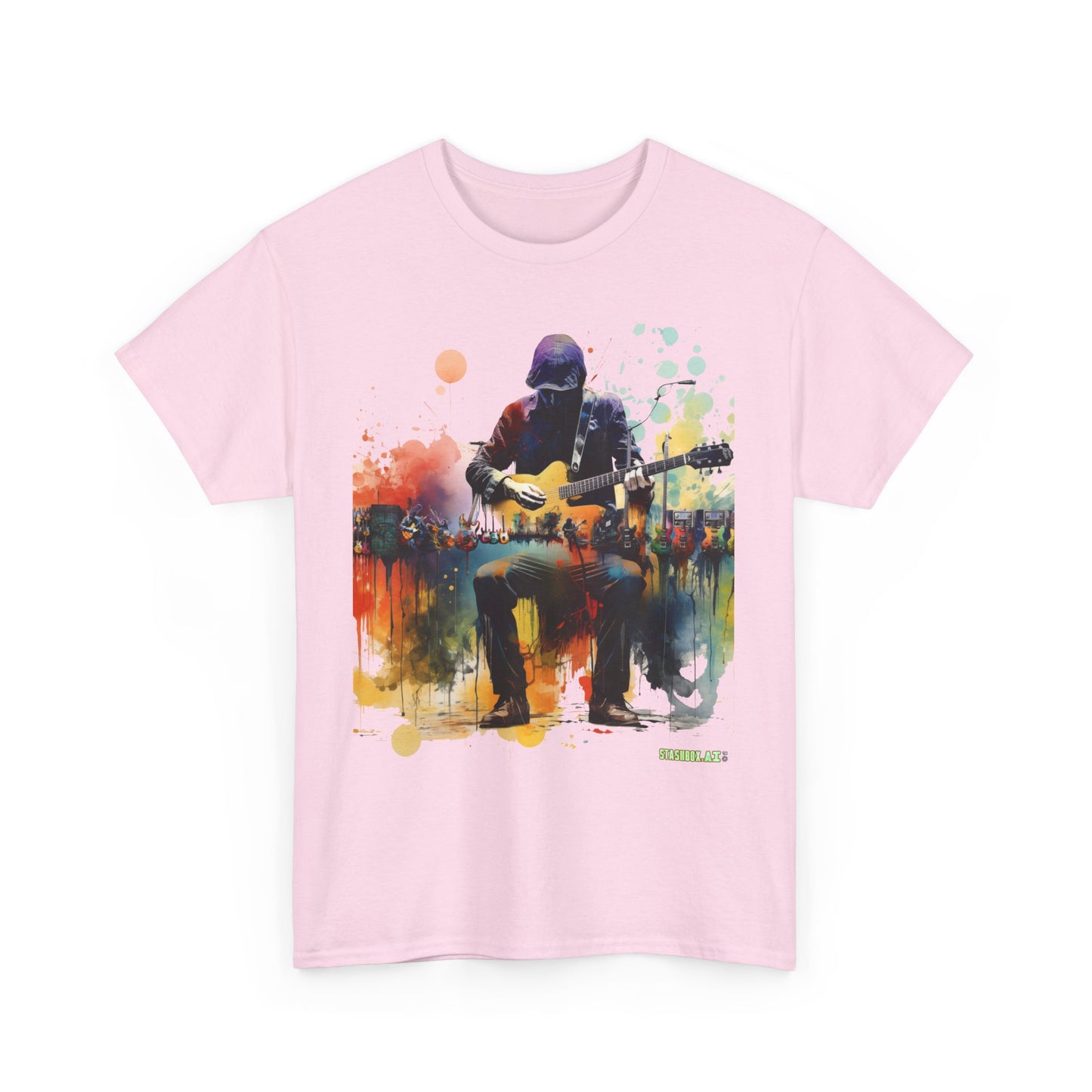 Unisex Adult Size Heavy Cotton Tshirt Colorful Guitarist and Guitars 007