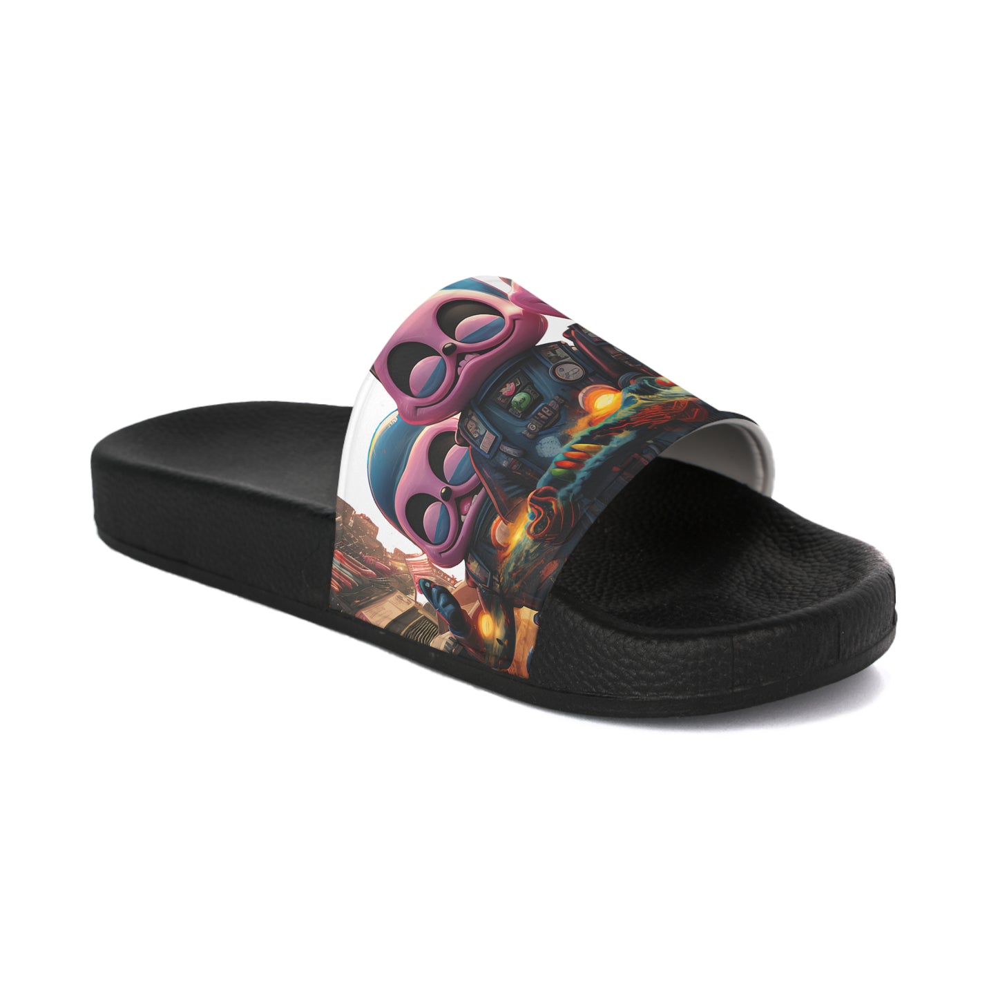 Women's Slide Sandals Pink Elephant Aliens in City Carrying the Beach Psychedelic 001