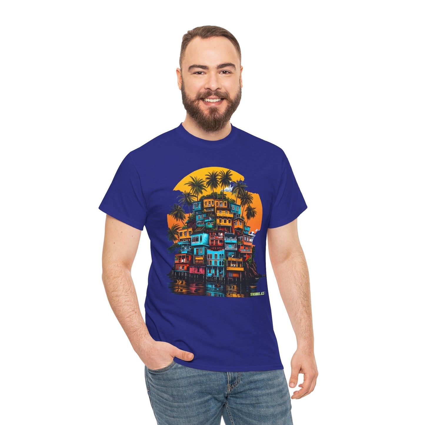 Favella Art Heavy Cotton Tshirt Stacked Buildings Palm Trees Giant Sun 001