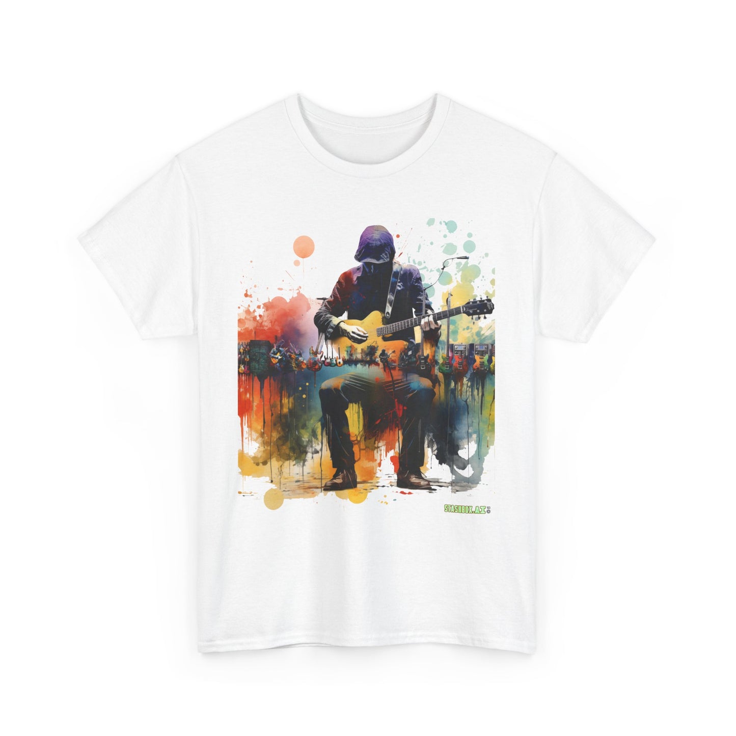 Unisex Adult Size Heavy Cotton Tshirt Colorful Guitarist and Guitars 007