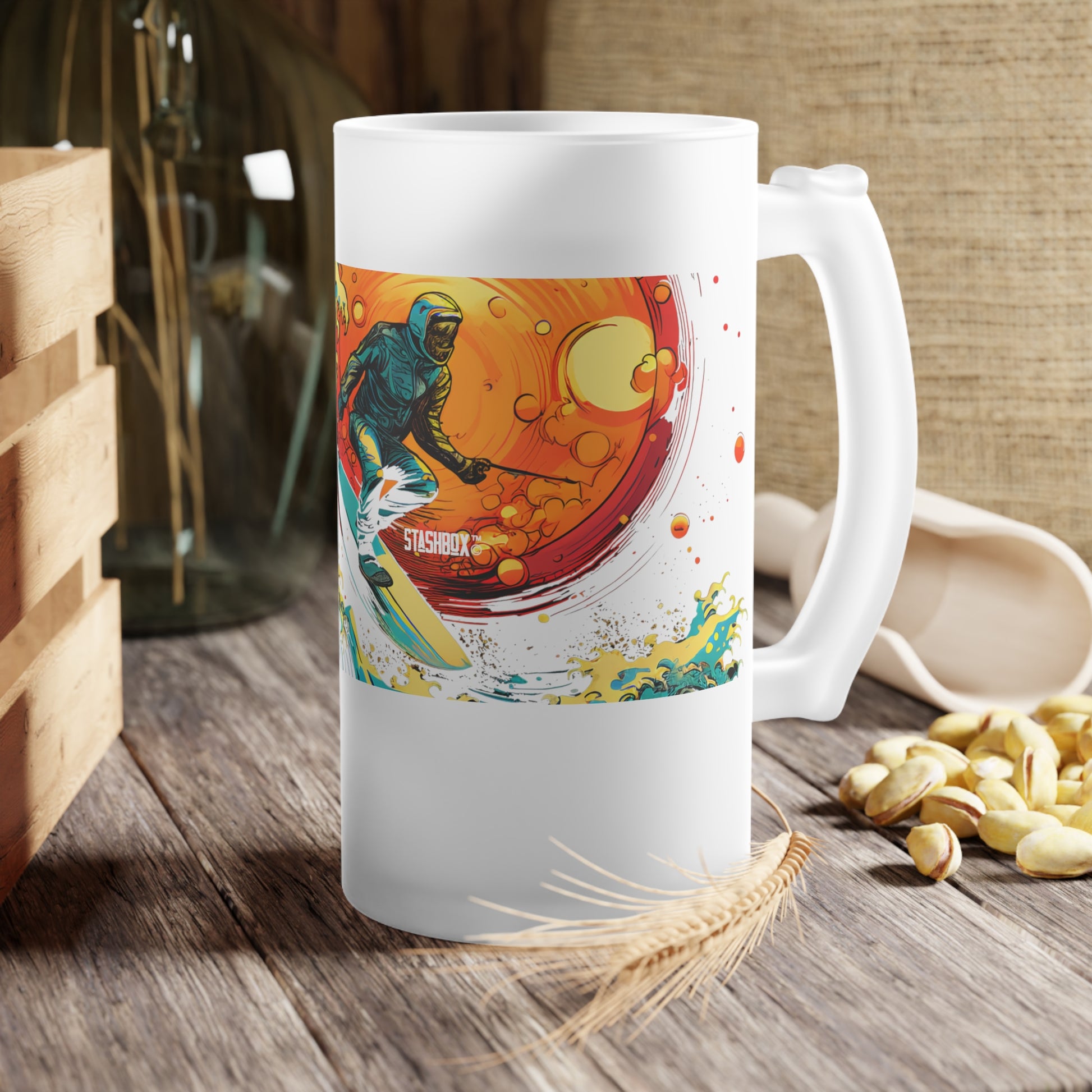 Explore the cosmic waves with our Surfing Astronaut Space Wave Frosted Glass Beer Mug. Waves Design #067 brings space and surfing together in a unique blend.