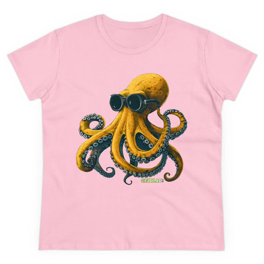 Women's Midweight Cotton Tshirt Yellow Octopus wearing goggles 001