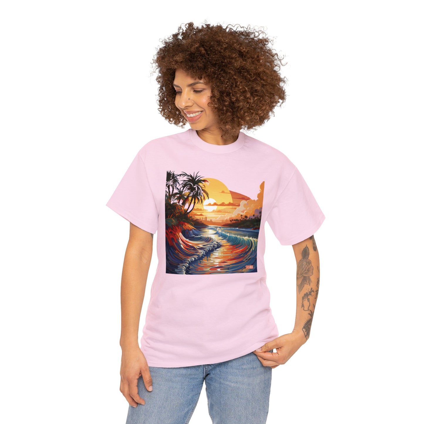 Stunning Sunset Beach Waves Art - Unisex Heavy Cotton Tee - Waves Design #057