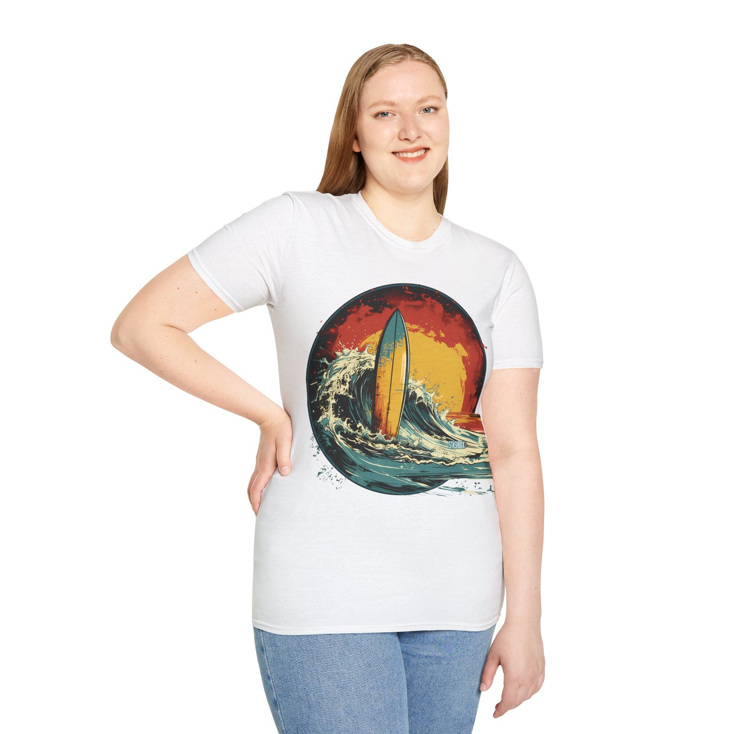 Unisex Softstyle T-Shirt Surfboard & Wave - Surfing Wave Sunset Art 2 Designs on 1 - 47ab