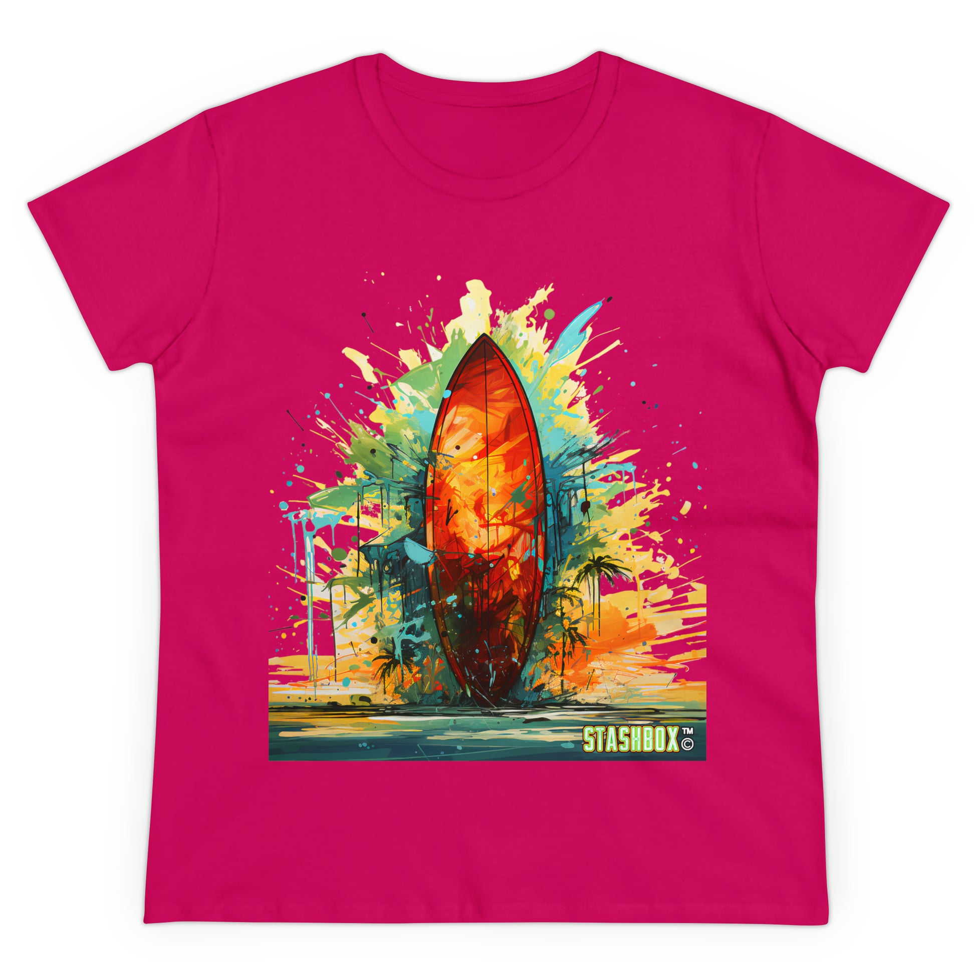 Surf in Style: Dive into the colorful world of surfboard art with our Women's Midweight Cotton Tee - Surfboard Design #010. Vibrant paint strokes meet comfortable fabric, making this tee perfect for beach days and beyond. 🌊👚 #SurfboardArtistry #BeachFashion #StashboxTees