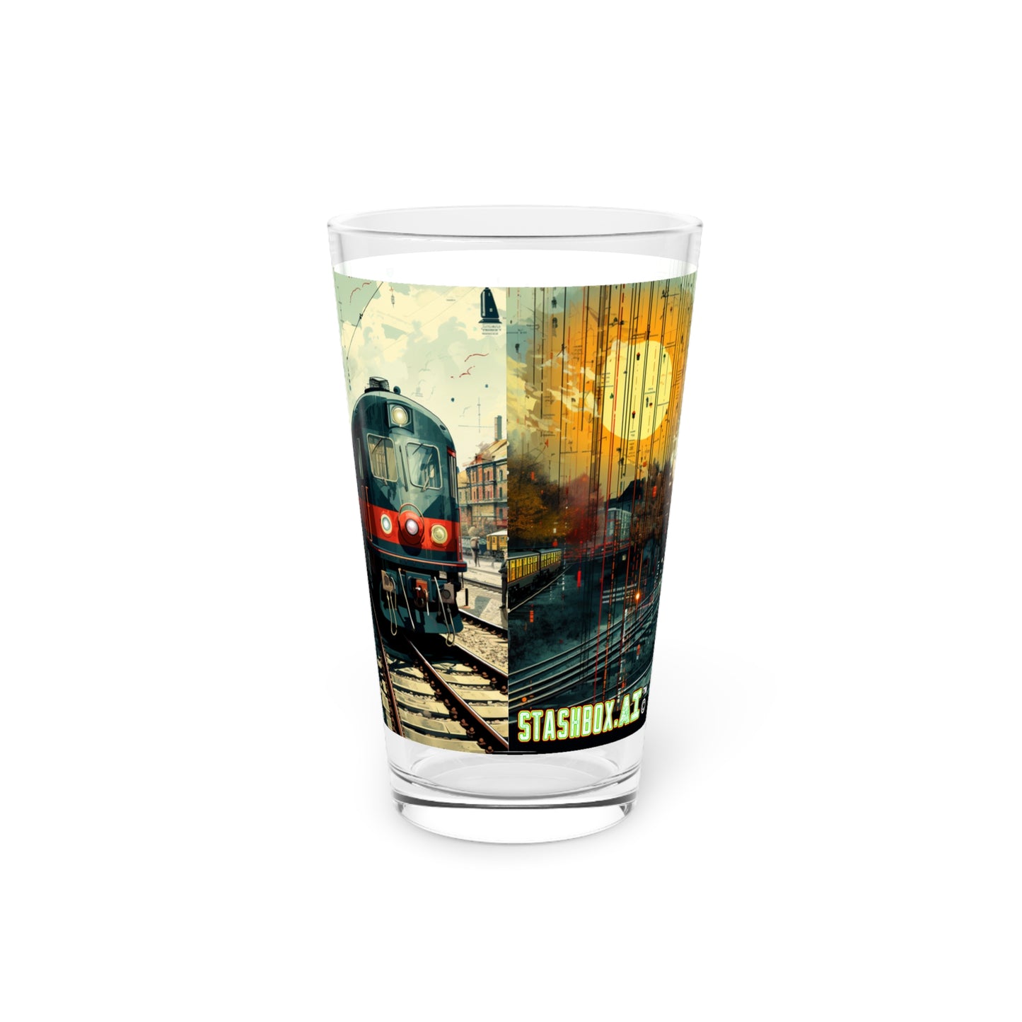 Artistic 16oz Pint Glass - Meandering Train Illustration