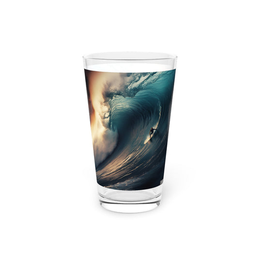 Surfing Huge Wave Pint Glass, 16oz - Waves Design #038: Experience the adrenaline of surfing captured in this artful pint glass. Perfect for wave enthusiasts.
