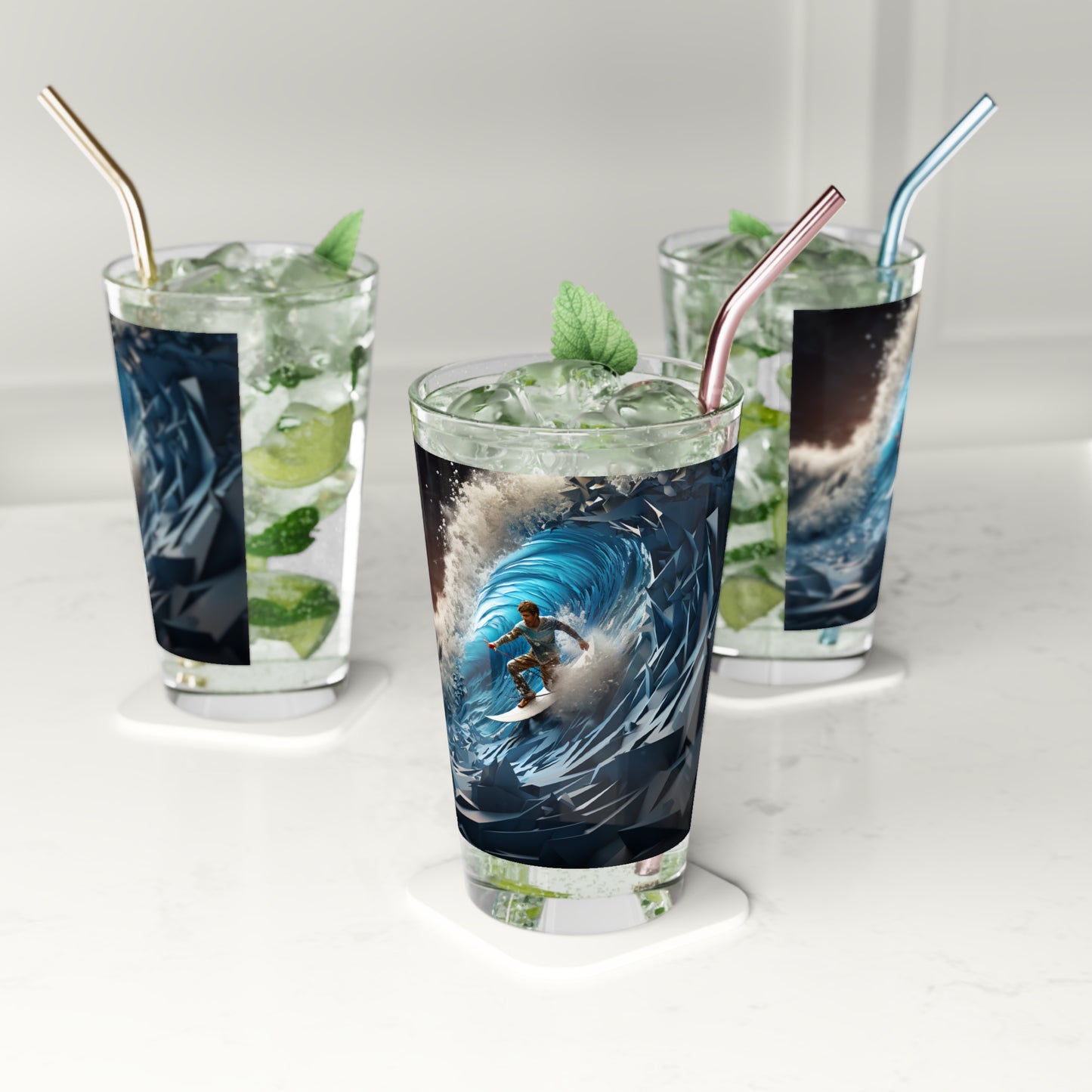 Pint Glass, 16oz Isometric Futuristic Surfing Wave 025