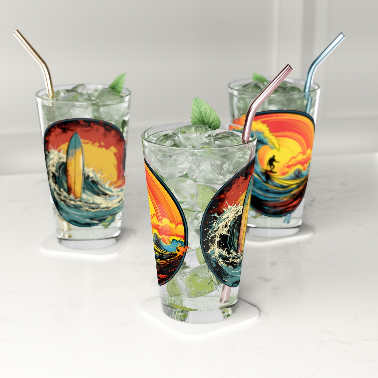 Pint Glass, 16oz Surfboard & Wave Sunset Art 2-in-1 Designs 047a 047b